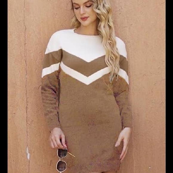 Dresses & Skirts - Knit Chevron Long Sleeve Sweater Dress in Brown and Cream